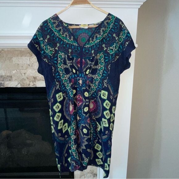 (BOGO FREE) Anthropologie Maeve Navy Medallion Silk Lined Dress XS - Picture 2 of 3